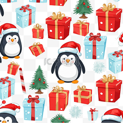 十二月壁纸图片_圣诞卡通无缝图案与企鹅和圣诞老