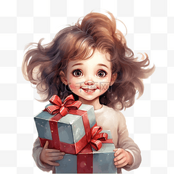 快乐的小女孩在圣诞树附近手里拿