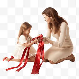 家人小图片_小女孩帮妈妈剪包装圣诞礼物的红