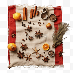 彩色餐巾上的圣诞香料和烘焙原料