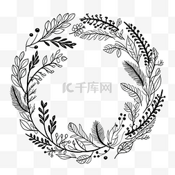 婚礼圆花环图片_手绘圣诞花环圆花框与树枝黑色涂