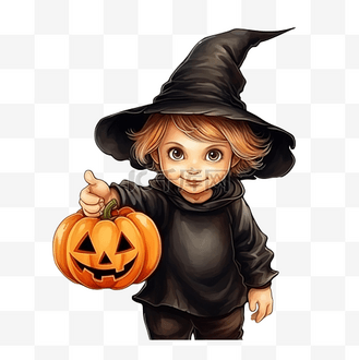 戴着女巫帽万圣节南瓜的小男孩指着你准备万圣节"不给糖就捣蛋"