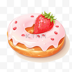 甜甜圈水彩图片_甜甜圈顶草莓奶油插画