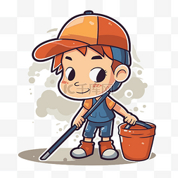 拿棍子的男孩图片_拿着水桶和棍子的清洁男孩的卡通