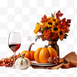 感恩节晚餐的节日餐桌，配有秋季