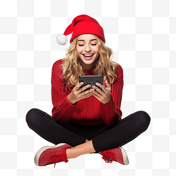 圣诞假期的女孩坐在地板上做电话