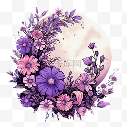 月亮与花图片_紫色的月亮与鲜花