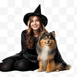 女性的家居生活图片_年轻女性在万圣节把狗打扮成女巫