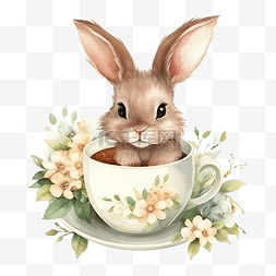 母兔子图片_复古兔子花卉咖啡杯水彩画风格