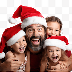 小女孩和年轻爸爸戴着圣诞帽享受