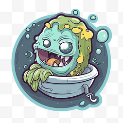 卡通怪物在浴缸里有一些气泡 向