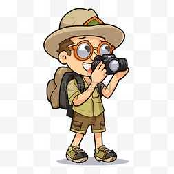 带帽的男孩图片_穿着狩猎装带着相机的男孩 向量
