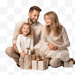 平安夜，幸福的家庭带着礼品盒坐