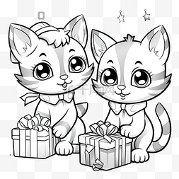 圣诞节着色书页上有礼物的卡通猫