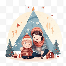 男孩和他的母亲在圣诞树附近