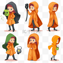 雨衣卡通图片_橙色雨衣卡通中不同姿势的未知剪