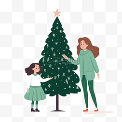 妈妈和女儿站在圣诞树旁，手牵着