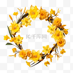 手绘水彩植物叶子图片_黄色水仙花和菊苣的圆形框架