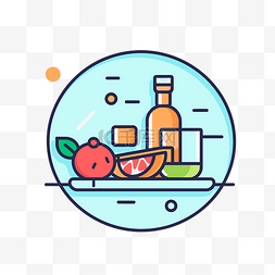 一瓶酒精和水果的线条插图 向量