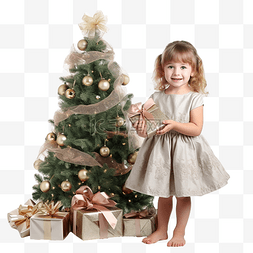 站在一起图片_小女孩拿着礼物站在圣诞树旁
