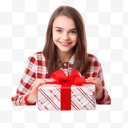 打开的礼盒红色图片_圣诞装饰房间里的少女打开礼盒