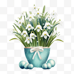 花盆里的雪花莲花和复活节彩蛋复