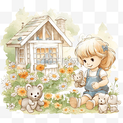 小娃娃图片_可爱的小女孩在玩小娃娃熊兔子和