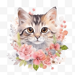 春天花卉水彩与可爱的猫动物