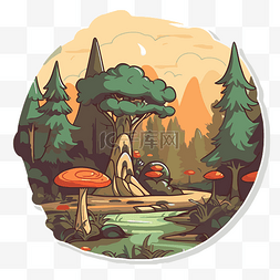 卡通森林，有美丽的蘑菇和树木 