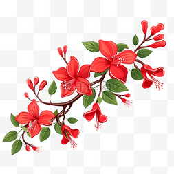 草地花朵树叶图片_分支红色花朵与叶子