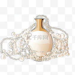 一瓶带有珍珠项链和珠子的香水
