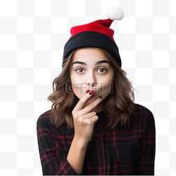 嘴巴喉咙图片_戴着圣诞帽的女孩在没有焦点的墙