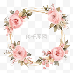 花环简单图片_水彩粉红玫瑰与金色花环框架在水