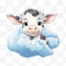 水彩牛图片_可爱的牛和云