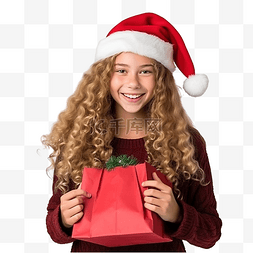 戴圣诞帽的女孩图片_戴着圣诞帽的女孩拿着装满礼物的