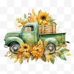 水彩颜料插画图片_水彩绿色复古卡车与向日葵快乐秋