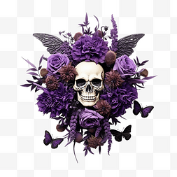 秋节图片_万圣节布置紫色花朵和蝴蝶与头骨