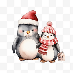 可爱的熊和企鹅圣诞节与水彩插图