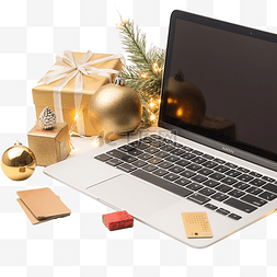 女手在笔记本电脑和各种圣诞物品
