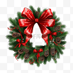圣诞花环，带有红色蝴蝶结和丝带