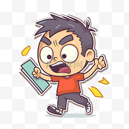 一个亚洲男孩拿着一本书尖叫着跑