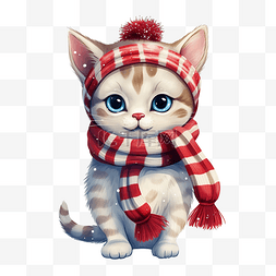 戴着圣诞帽子和围巾的滑稽猫