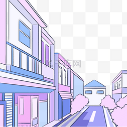 卡通线描风景图片_紫色浪漫漫画街道