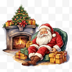 沙堆图片_圣诞老人躺在沙发上休息，壁炉和