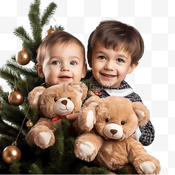 小熊图片_圣诞树上有泰迪熊的两个可爱的小