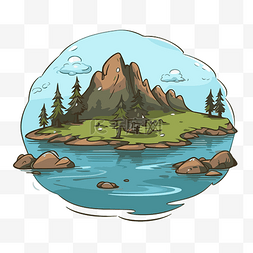 大湖剪贴画卡通插图湖上的岩石岛