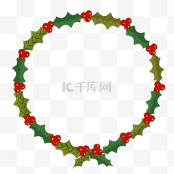 浆果水彩图片_圣诞节树叶红色浆果边框花环