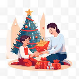 孩子们和妈妈图片_母子在圣诞树和壁炉附近的地毯上