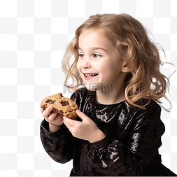 小女孩在圣诞树的背景下吃饼干