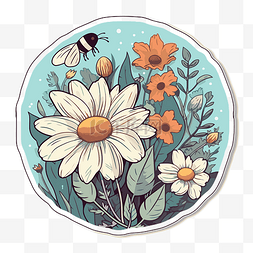 花和蜜蜂图片_雏菊花和蜜蜂贴纸 向量
